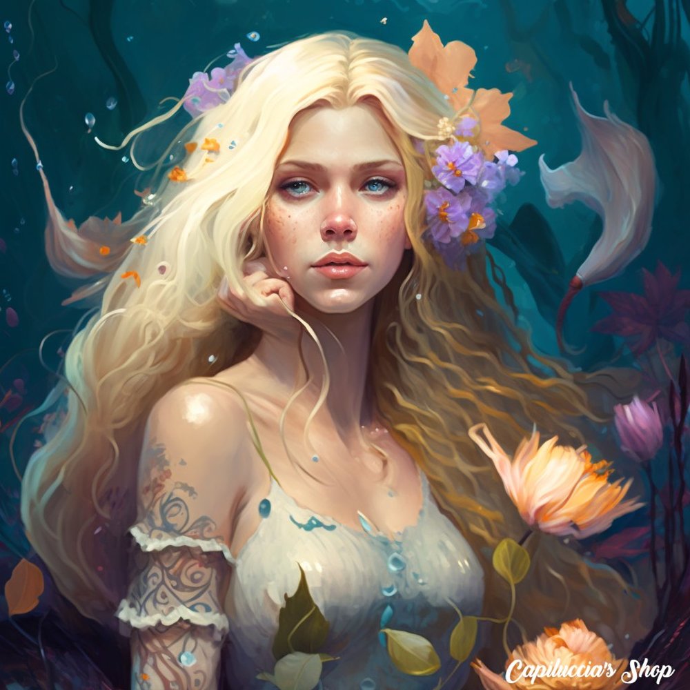 Beautiful long hair blonde mermaid portrait picture poster